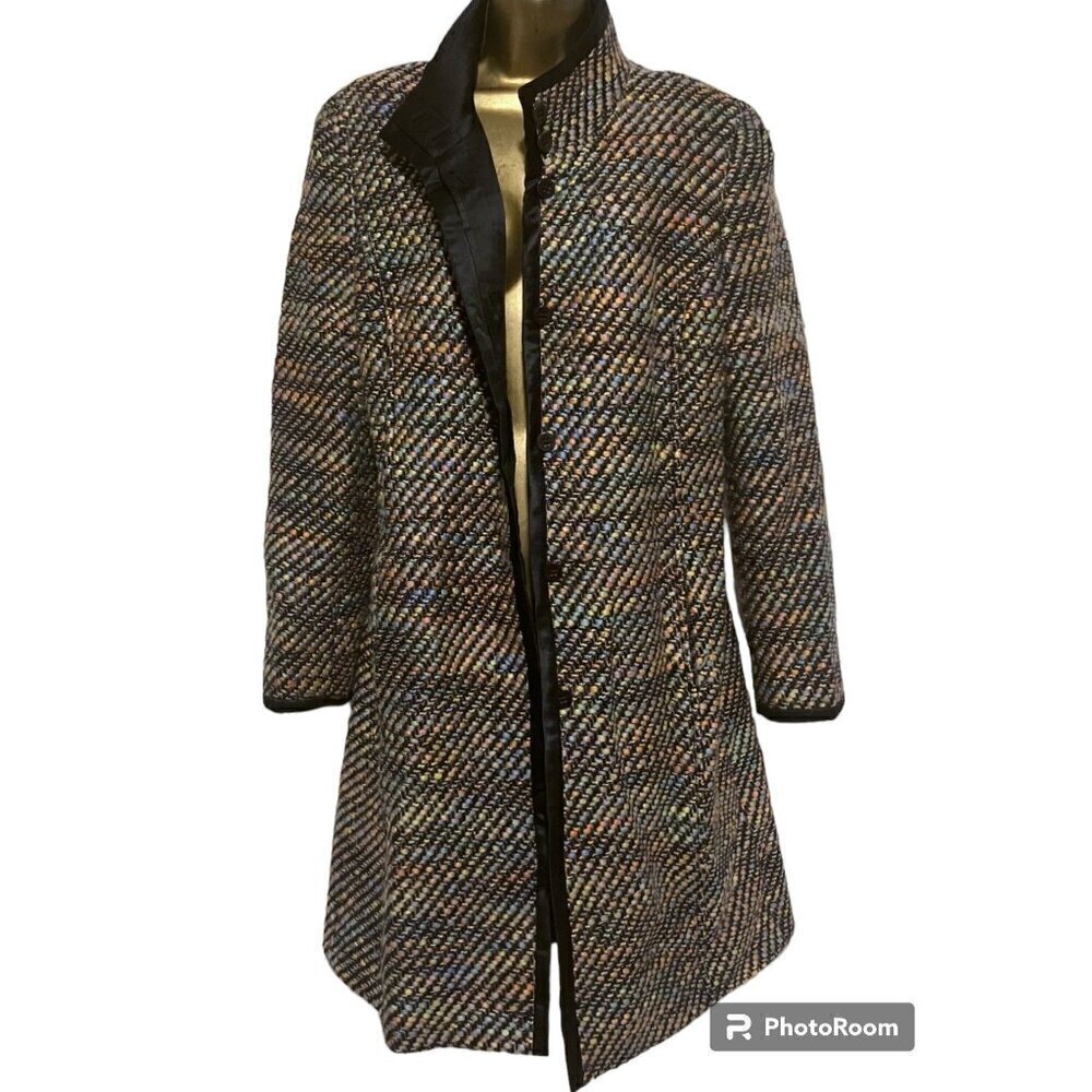 Feraud Tweed Trench Coat 12 Wool Blend Rainbow Cottage Fairy Maximalist Capsule - Picture 12 of 12
